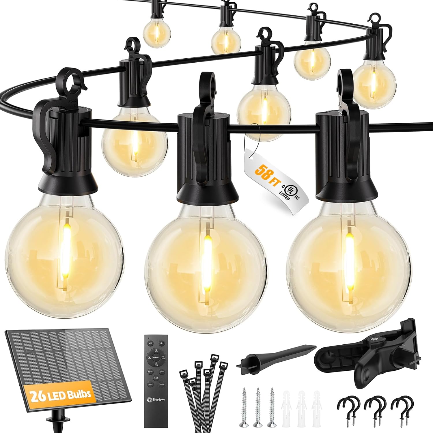 58FT Solar Powered G40 26 LED Bulbs String Lights for Patio Garden Cafe Wedding Deck