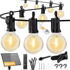 58FT Solar Powered G40 26 LED Bulbs String Lights for Patio Garden Cafe Wedding Deck
