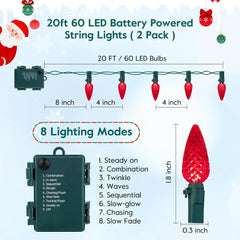 C6 LED Christmas String Lights - 2PC, 60 LEDs, 20FT, Red