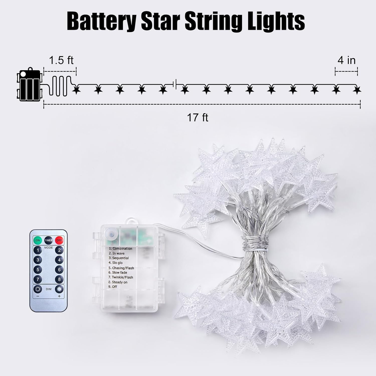 17 ft 50 LED Battery Operated Star String Lights with Remote and Timer, Warm White