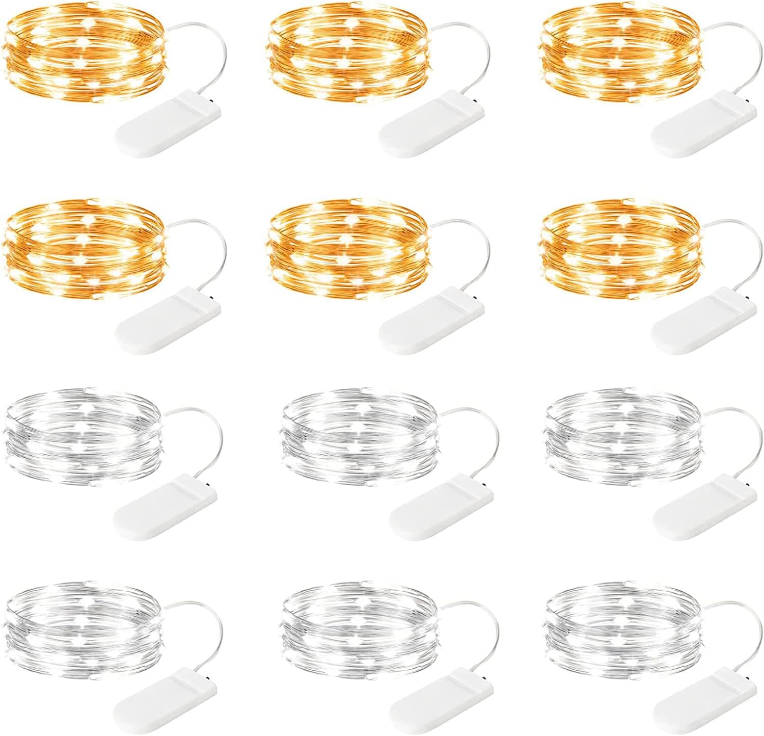 12 Pack 7FT 20 LED Battery Operated Silver Wire Firefly Starry Moon Lights for DIY Crafts, Warm White and Cool White