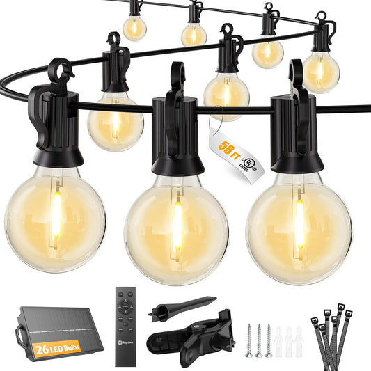 58FT Solar Powered G40 26 LED Bulbs String Lights with with Remote & USB Port, 3 Modes