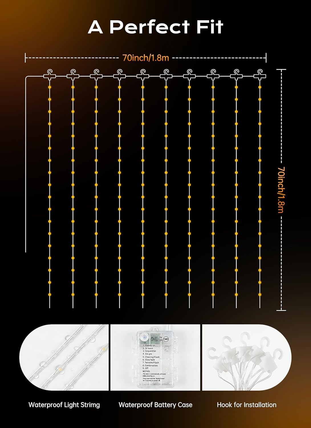 70 Inch 180 LED Battery Operated Shower Curtain Lights, 8 Modes, Warm White (No Curtain)