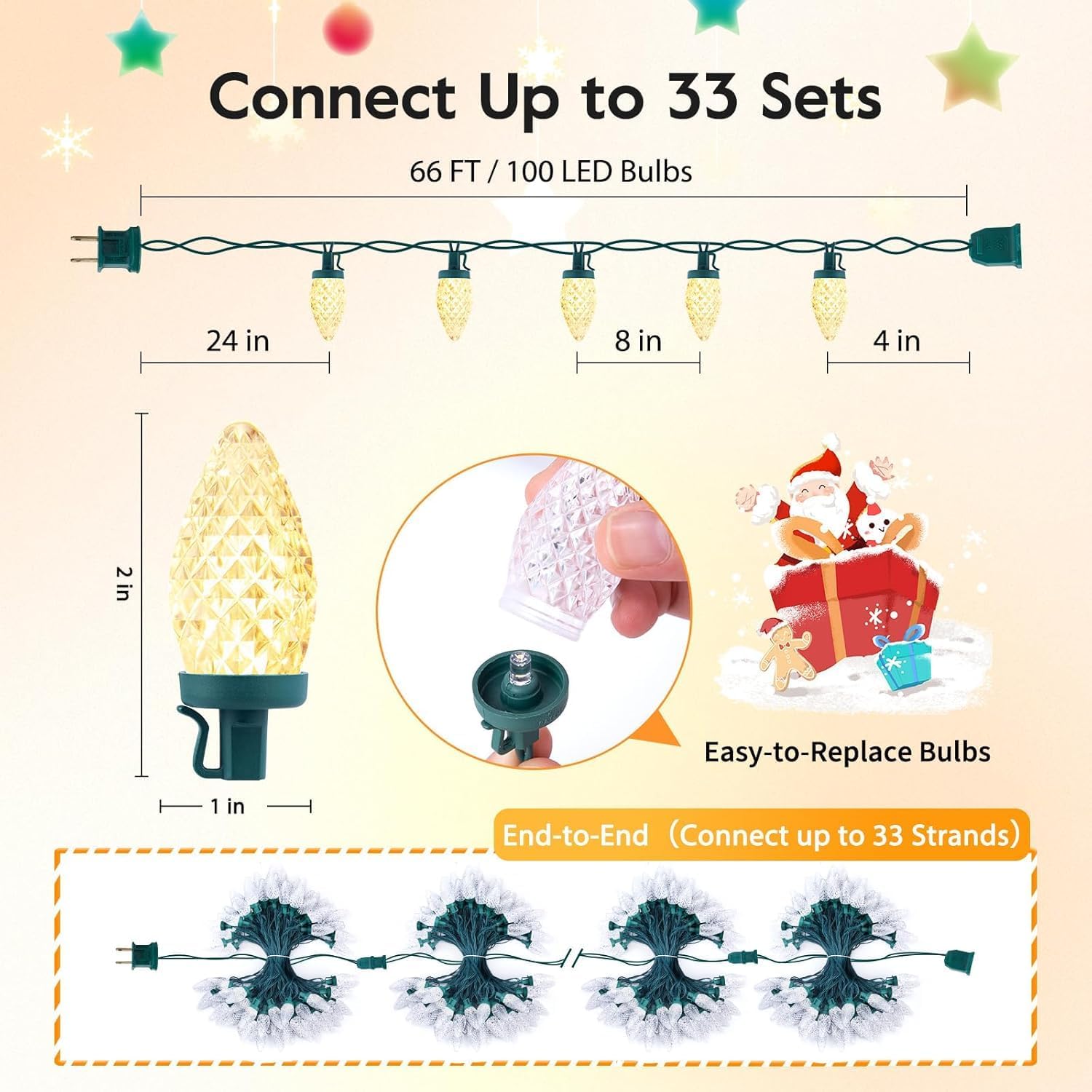 66ft 100 LED C9 Waterproof Strawberry String Lights, Plug-in Extendable Green Wire for Outdoor Indoor Patio Party Decoration