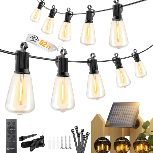 52FT 15+1 LED Shatterproof Bulbs Solar String Lights Outdoor