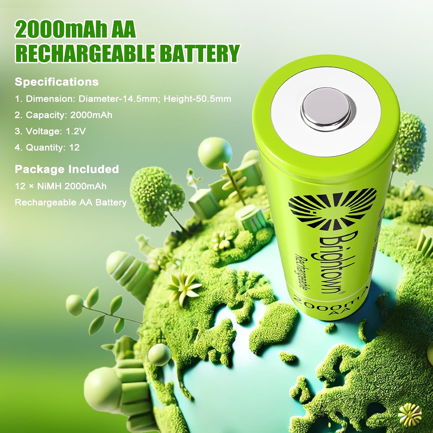 12-Pack 1.2V 2000mAh NiMH Rechargeable AAA Batteries for Solar Lights and Household Devices