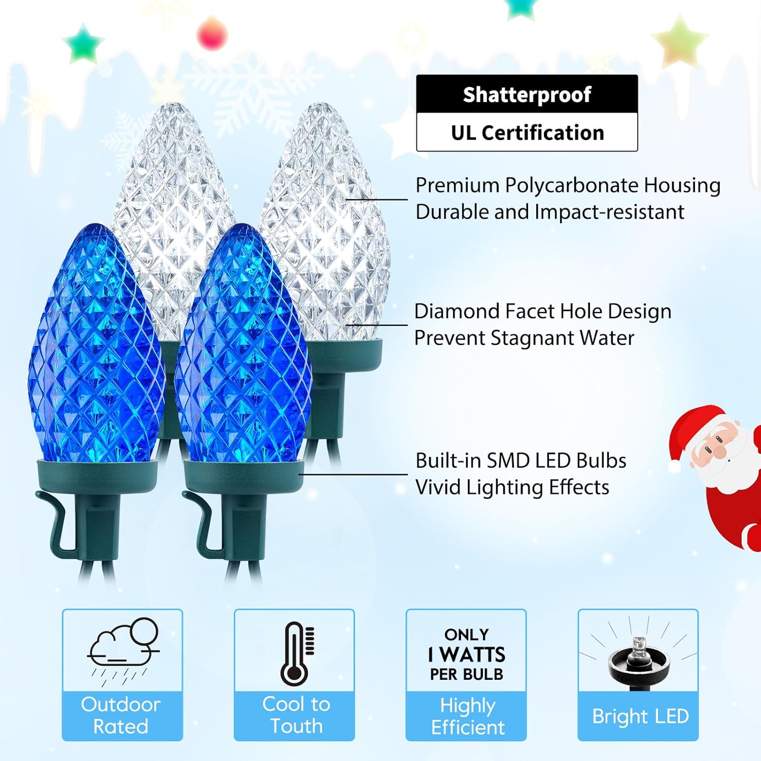 C9 LED Christmas String Lights, 66ft 100 LED Waterproof Strawberry String Lights, Plug-in Extendable Green Wire Lights, Blue and White