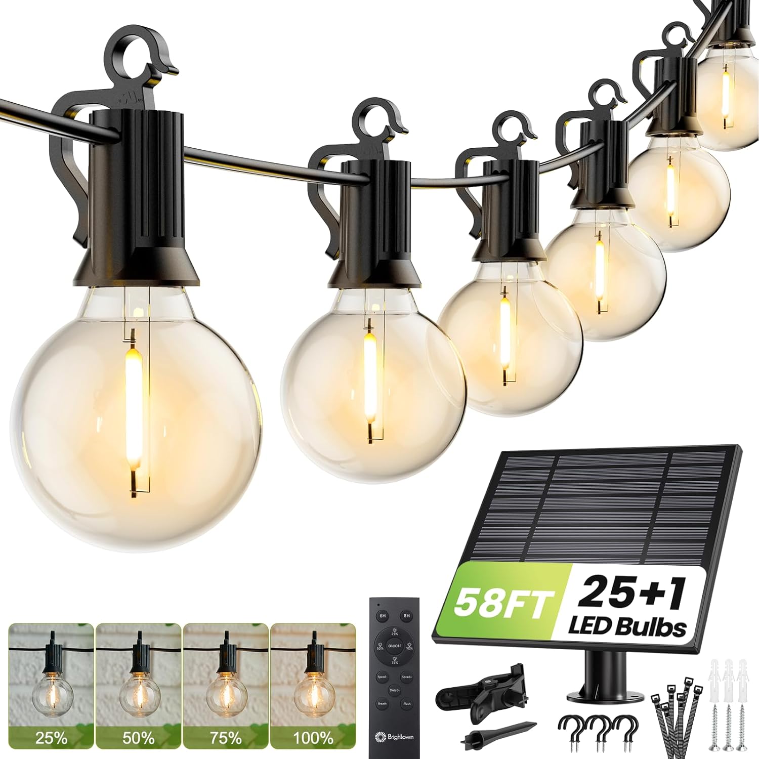 58FT Solar Powered G40 26 LED Bulbs String Lights for Patio Garden Cafe Wedding Deck