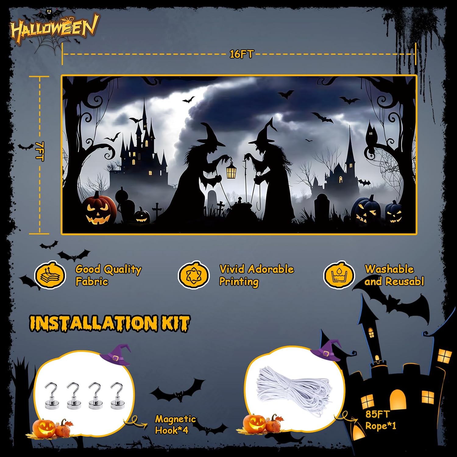 Brightown Halloween Garage Door Cover (7x16FT, Black) for 2-Car Garage Door - with Magnetic Hook & Ropes