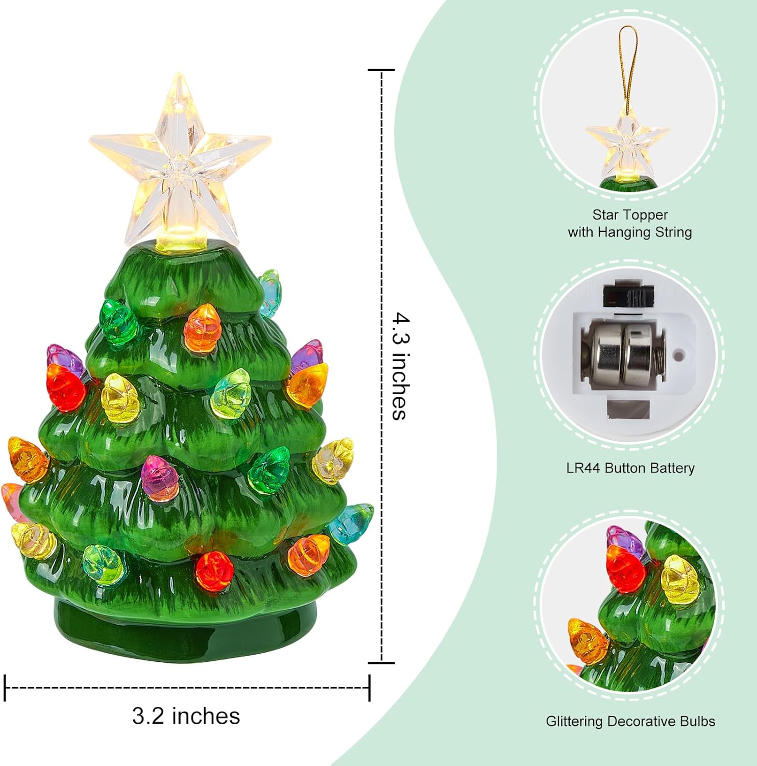 4 Pack Christmas 4.3 Inch Mini Ceramic Tree Night Light with Star Topper for Xmas Bedroom, 4 Colors