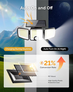 2 Pack Solar Powered 223 LED 3 Head Security Flood Lights with Motion Sensor, 3 Modes