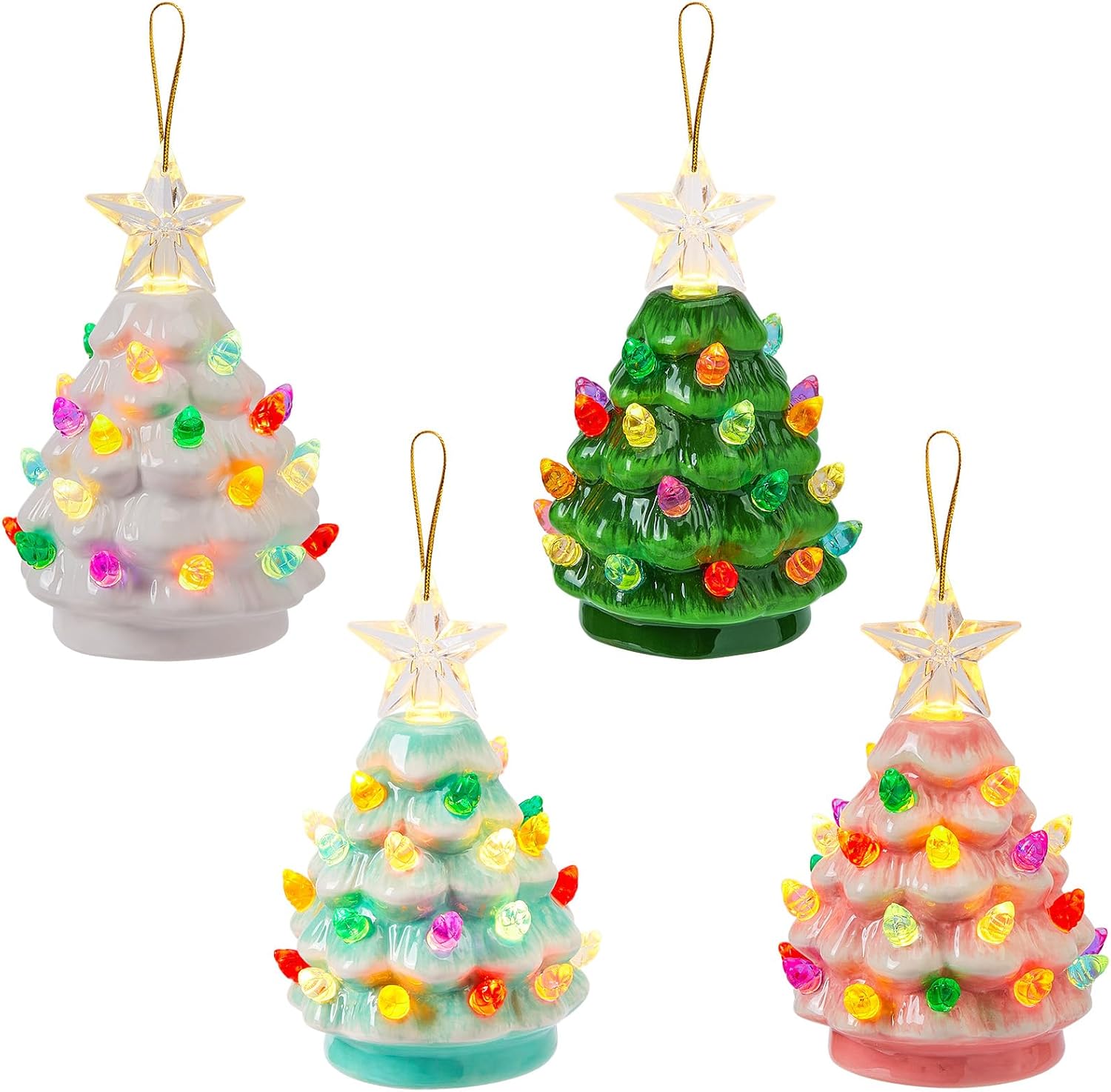 4 Pack Christmas 4.3 Inch Mini Ceramic Tree Night Light with Star Topper for Xmas Bedroom, 4 Colors
