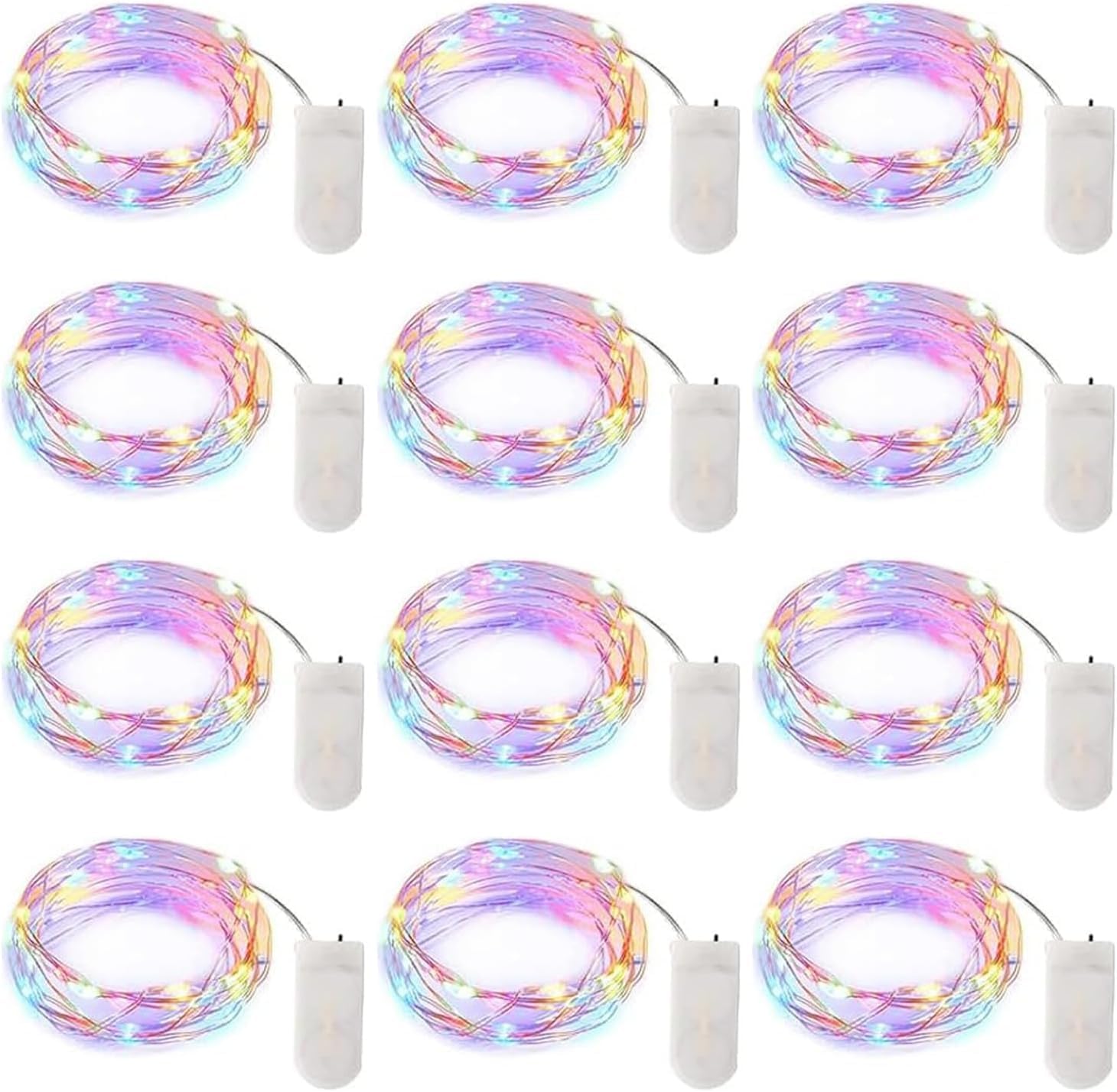 12 Pack 7FT 20 LED Battery Operated Silver Wire Firefly Starry Moon Lights for DIY Crafts, Pastel