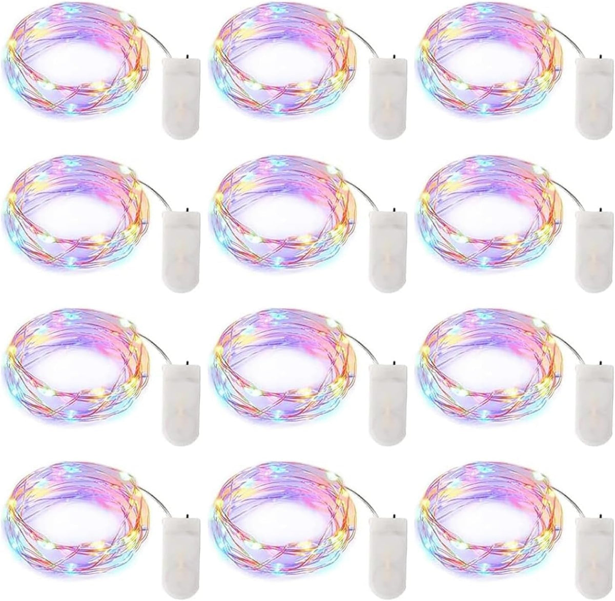 12 Pack 7FT 20 LED Battery Operated Silver Wire Firefly Starry Moon Lights for DIY Crafts, Pastel