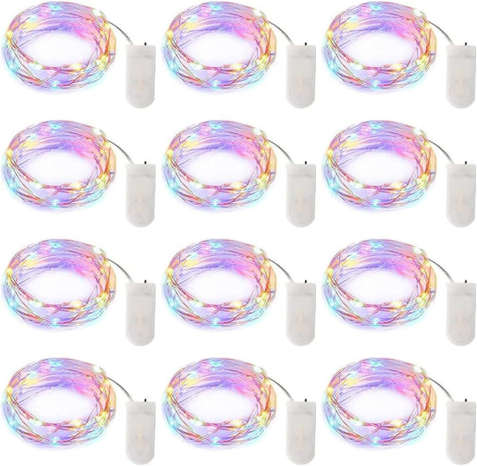 12 Pack 7FT 20 LED Battery Operated Silver Wire Firefly Starry Moon Lights for DIY Crafts, Pastel