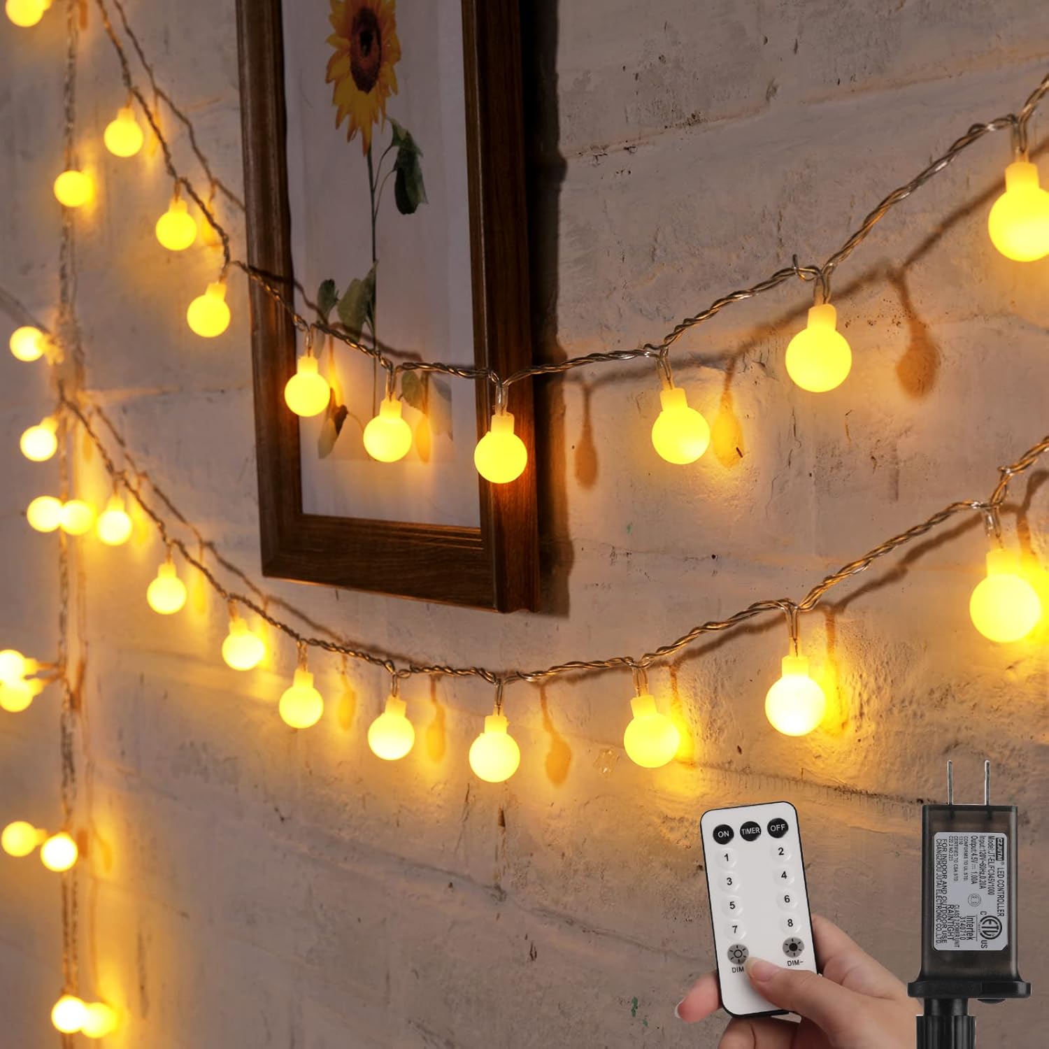 66Ft 200 LED Plug in Globe Ball String Lights with Remote for Bedroom Party Decor, Warm White