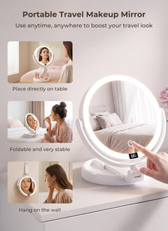 Rechargeable Foldable 1X & 10X Magnification Makeup Mirror with Lights and Smart Battery Display