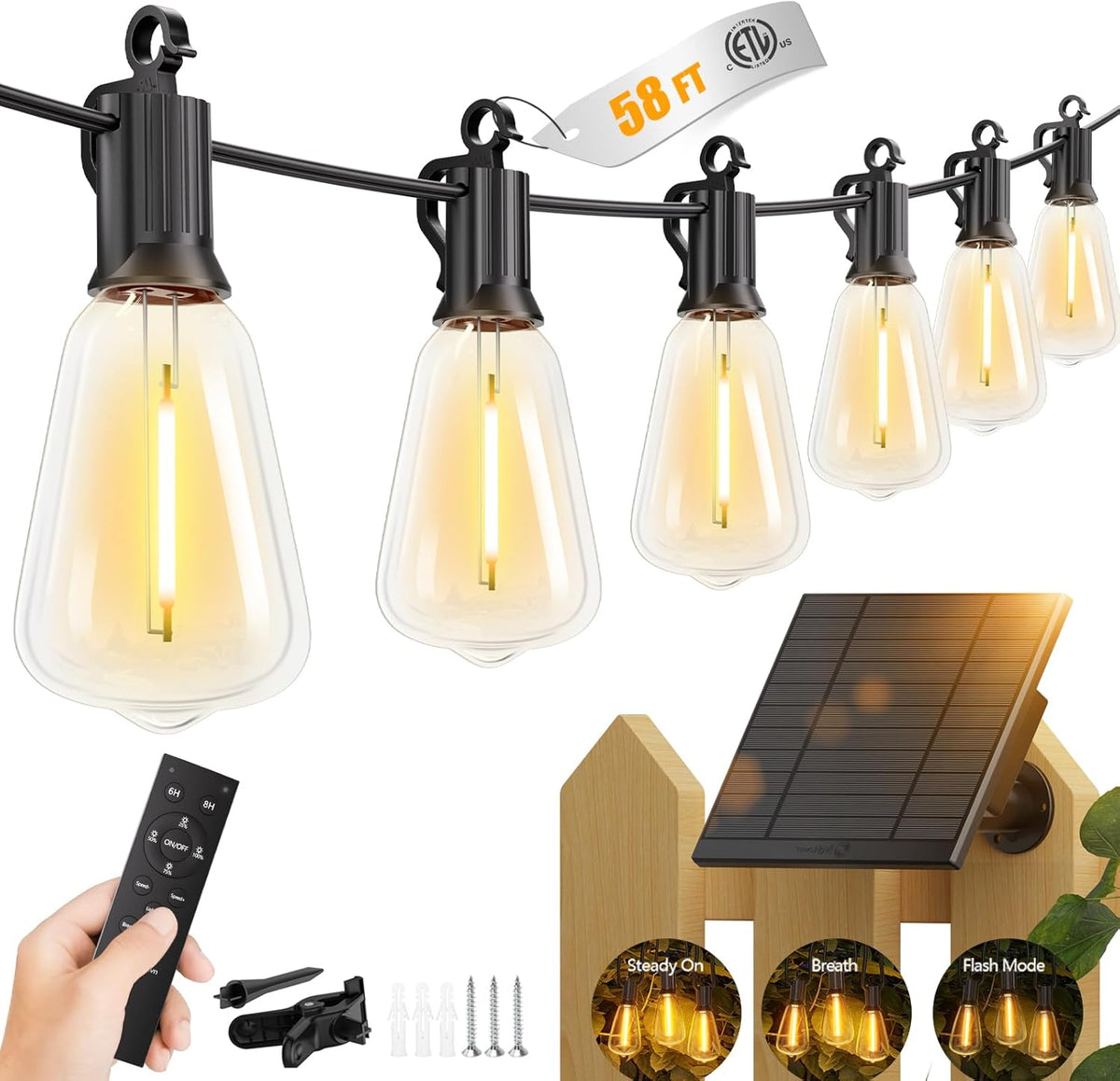58FT Solar Powered 25+1 LED Shatterproof Bulbs String Lights Outdoor for Garden Patio Decor