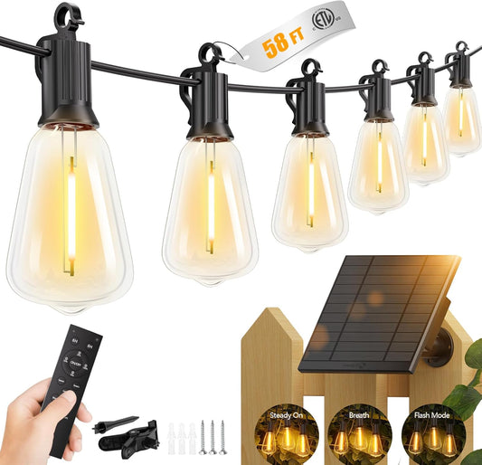 58FT Solar Powered 25+1 LED Shatterproof Bulbs String Lights Outdoor for Garden Patio Decor