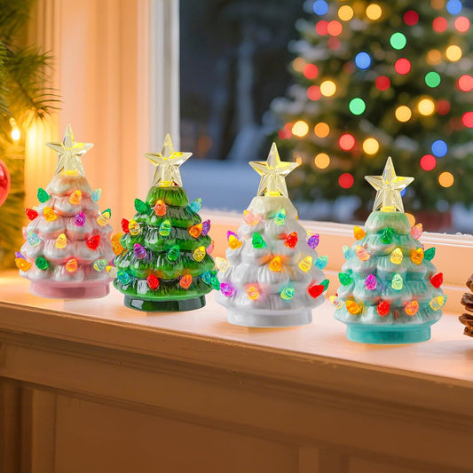 4 Pack Christmas 4.3 Inch Mini Ceramic Tree Night Light with Star Topper for Xmas Bedroom, 4 Colors