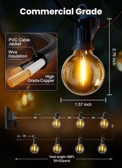 108FT Solar Powered G40 52 LED Bulbs String Lights for Patio Garden Cafe Wedding Deck
