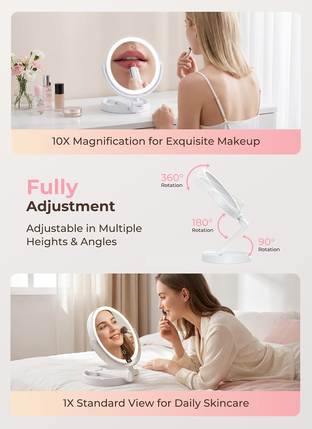 Rechargeable Foldable 1X & 10X Magnification Makeup Mirror with Lights and Smart Battery Display