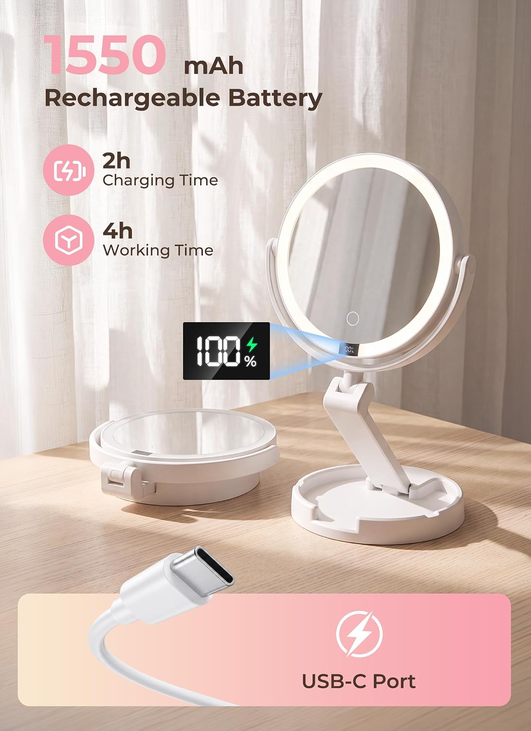 Rechargeable Foldable 1X & 10X Magnification Makeup Mirror with Lights and Smart Battery Display