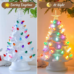 13 Inch Battery Operated Pre-lit Tabletop Ceramic Christmas Tree with Multicolored LED Lights, White