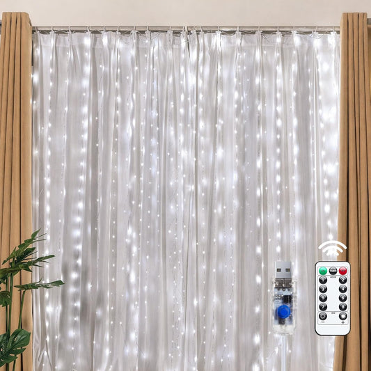 300 LED USB Powered Dimmable Window Curtain Lights with Remote, White