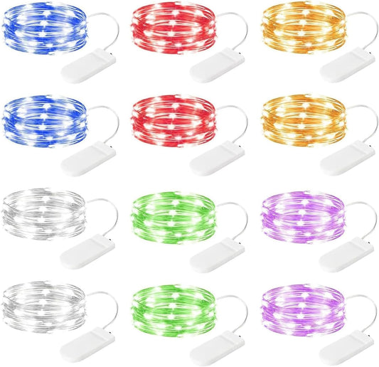 12 Pack 7FT 20 LED Battery Operated Silver Wire Firefly Starry Moon Lights for DIY Crafts, 6 Colors