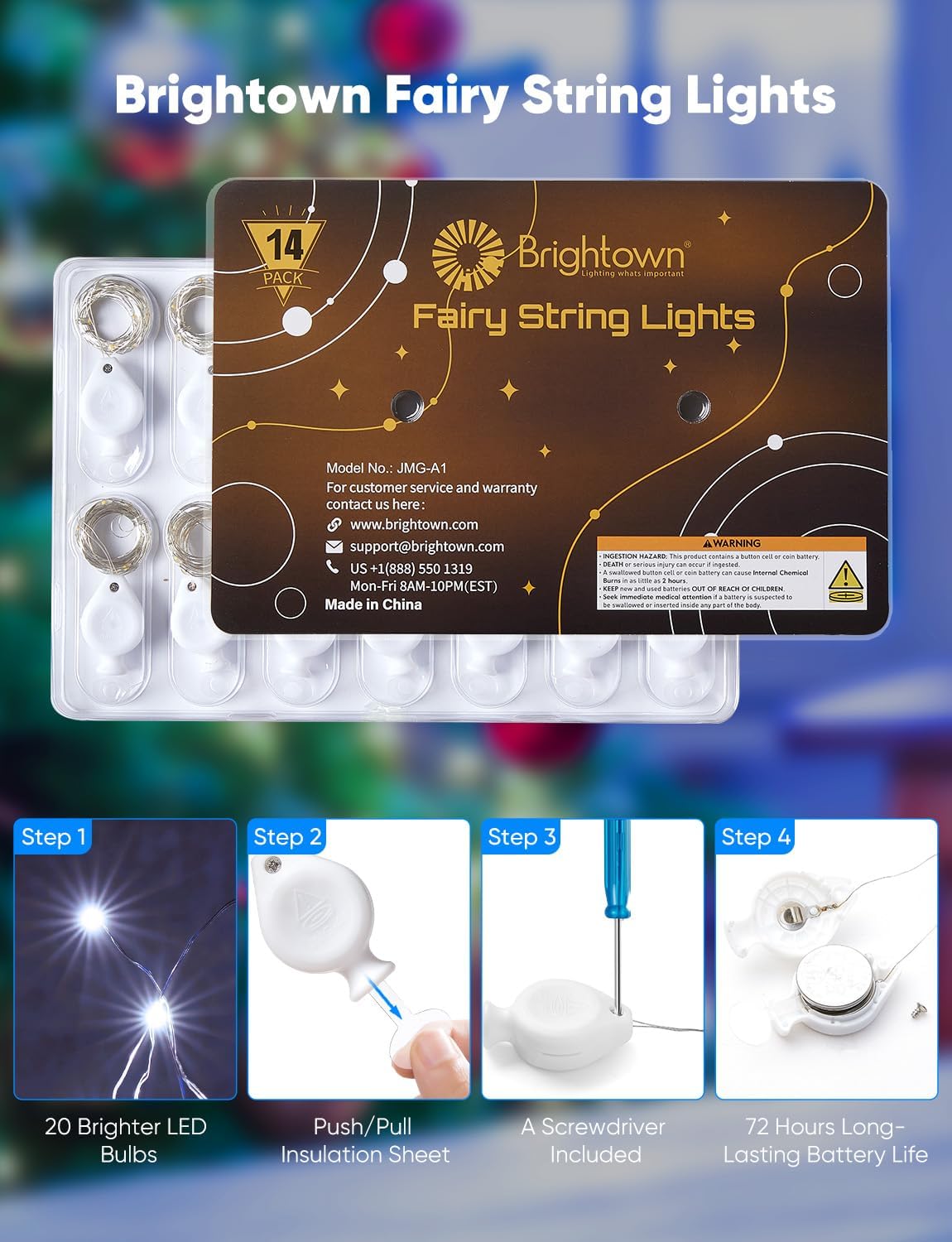 14 Pack 7FT 20 LED Battery Operated Silver Wire Firefly Starry Moon Lights for DIY Crafts, Cool White