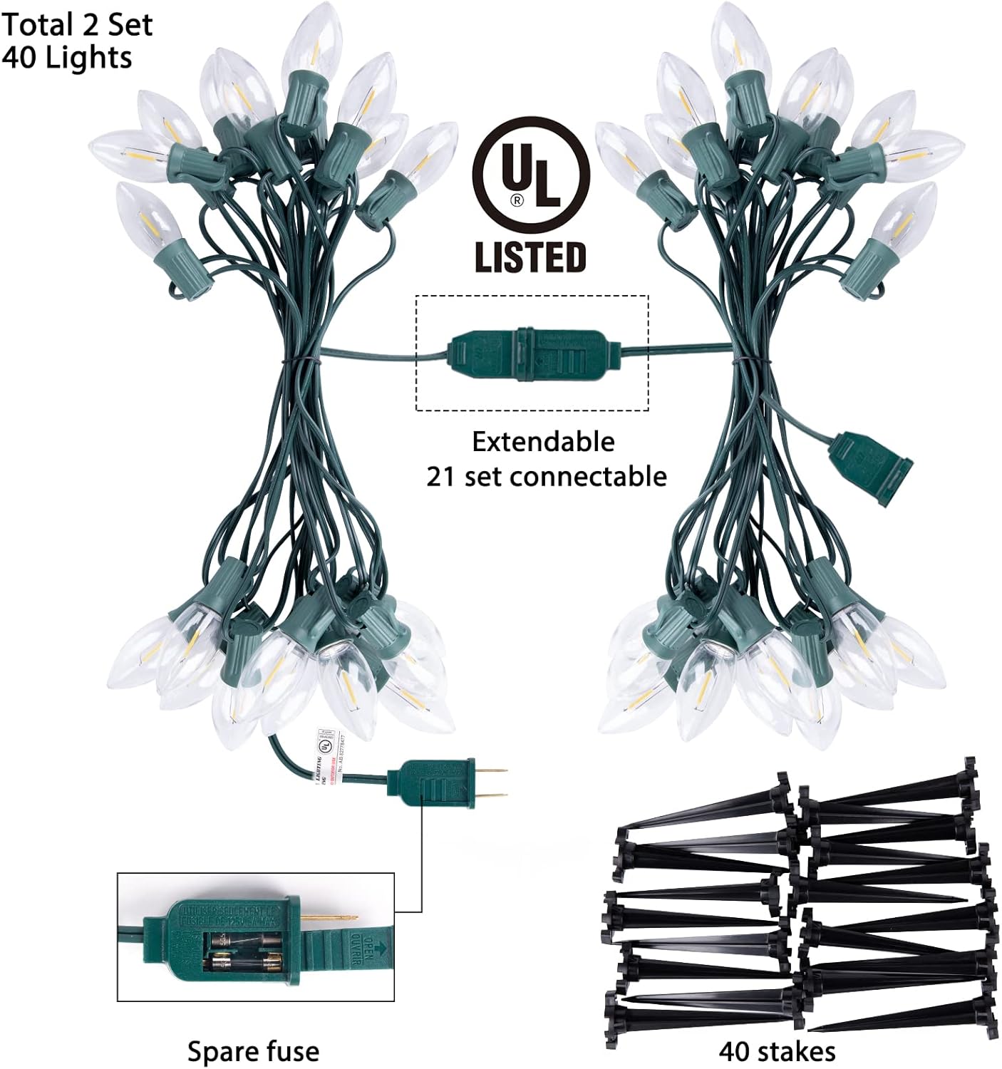 2 Pack Total 51.4 Ft Plug in 40 C9 LED Bulbs String Lights for Christmas Pathway, Warm White