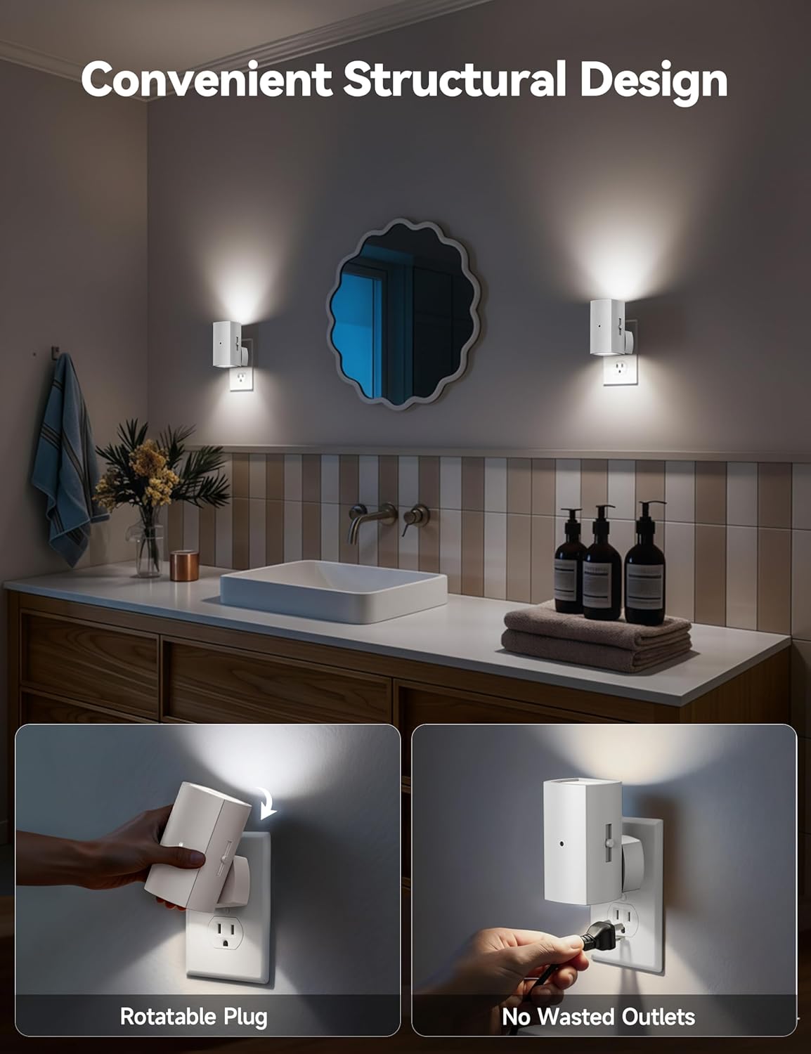 2 Pack White Plug in Night Lights with Rotating Plug & Light Sensor for Bathroom Bedroom, Pure White Light