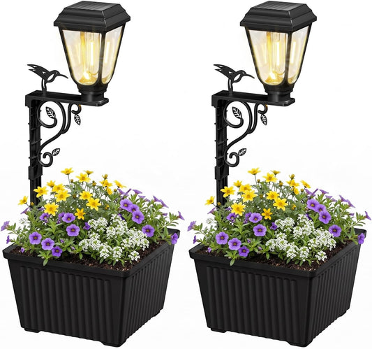 2Pack 2 in 1 Solar Powered Post Warm Bulb ( (2700-3200K) Lamp Lights with Planter for Garden Patio Yard