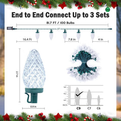 81FT Plug in 100 LED C9 Christmas String Lights for Home Party Decor, 8 Modes, Cool White