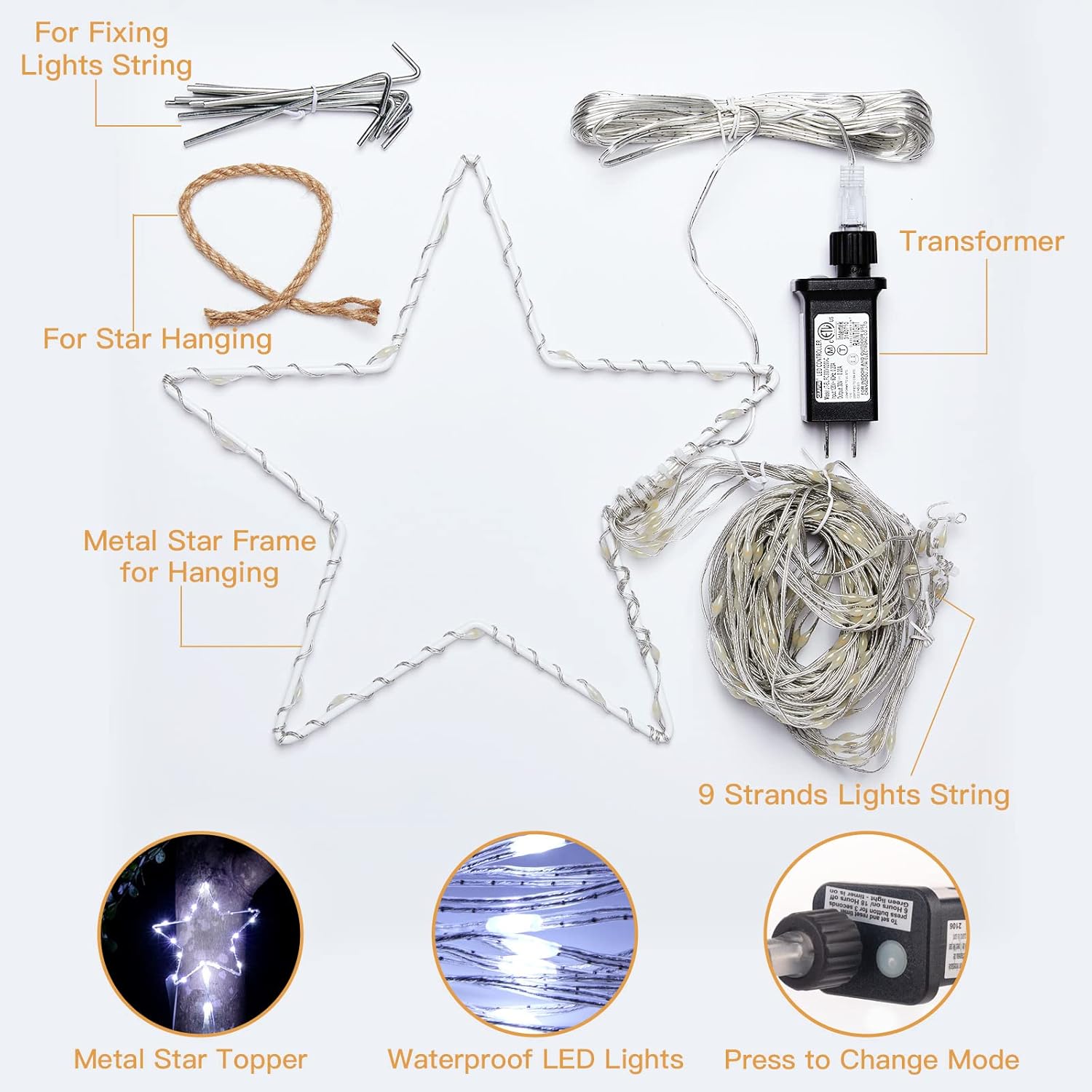 344 LED Waterfall Christmas Tree Lights with 11" Topper Iron Star, Pure White