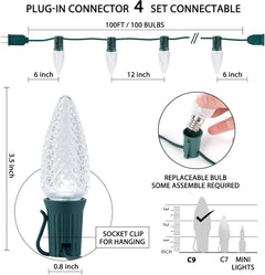 100Ft Plug in 100 Pure White C9 Strawberry LED Bulbs String Lights for Christmas Pathway, Green Wire