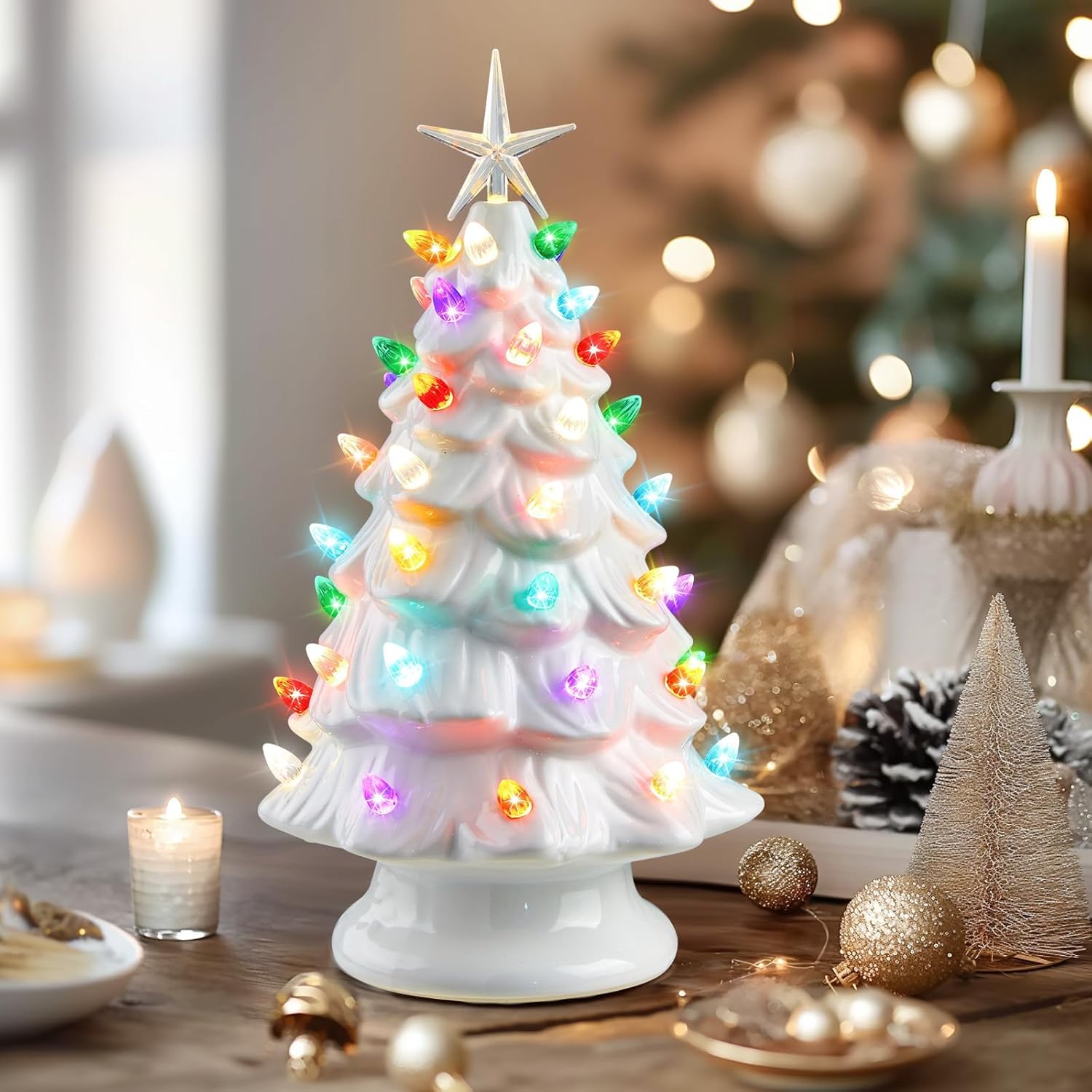13 Inch Battery Operated Pre-lit Tabletop Ceramic Christmas Tree with Multicolored LED Lights, White