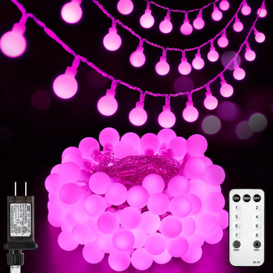 33ft 100 LED Plug In Mini Globe Fairy String Lights for Valentine Decor, 8 Modes, Pink