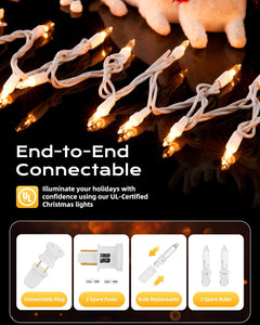 20Ft 100 LED Plug in Clear Mini Incandescent Bulbs String Light for Christmas Trees, White Wire