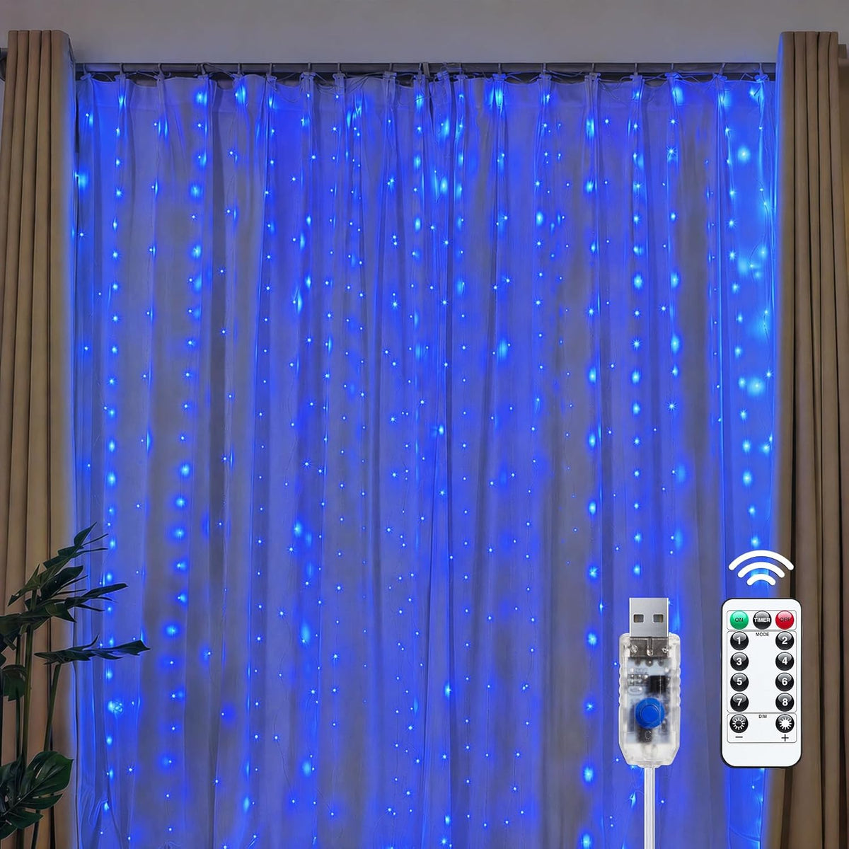 300 LED USB Powered Dimmable Window Curtain Lights with Remote, Blue