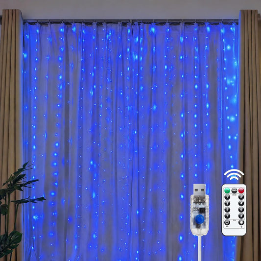 300 LED USB Powered Dimmable Window Curtain Lights with Remote, Blue