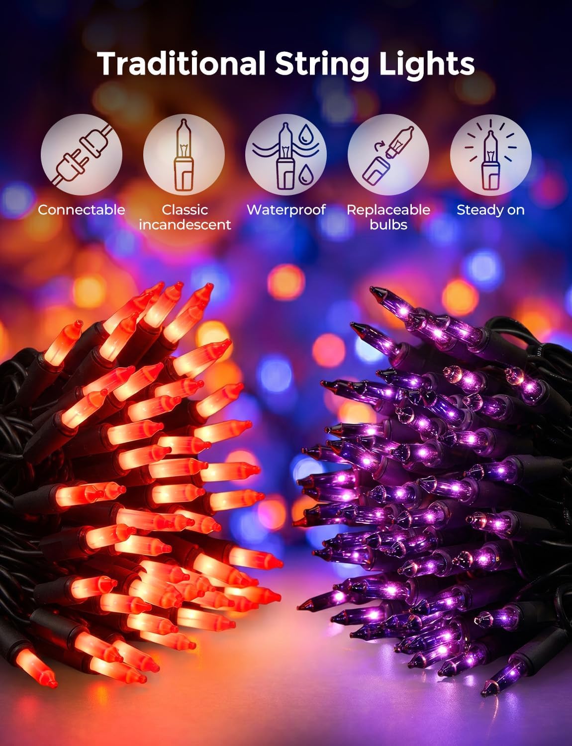 40Ft Plug in Mini Bulbs String Light for Halloween Haunted House Party, Orange & Purple