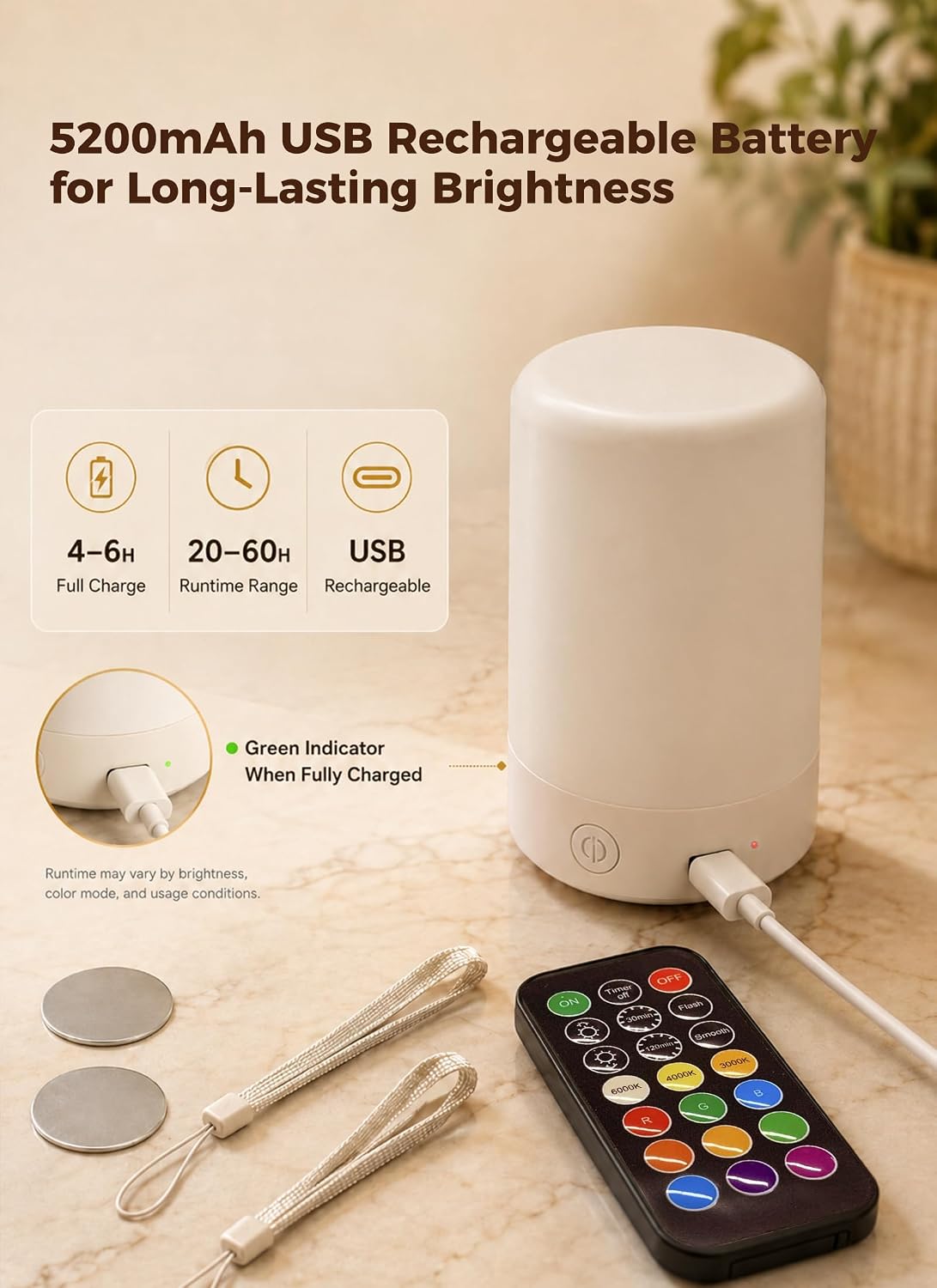 4 Pack E26 Rechargeable 5200mAh Light Bulbs with Remote for Lamps, Timer & 9 RGB Colors
