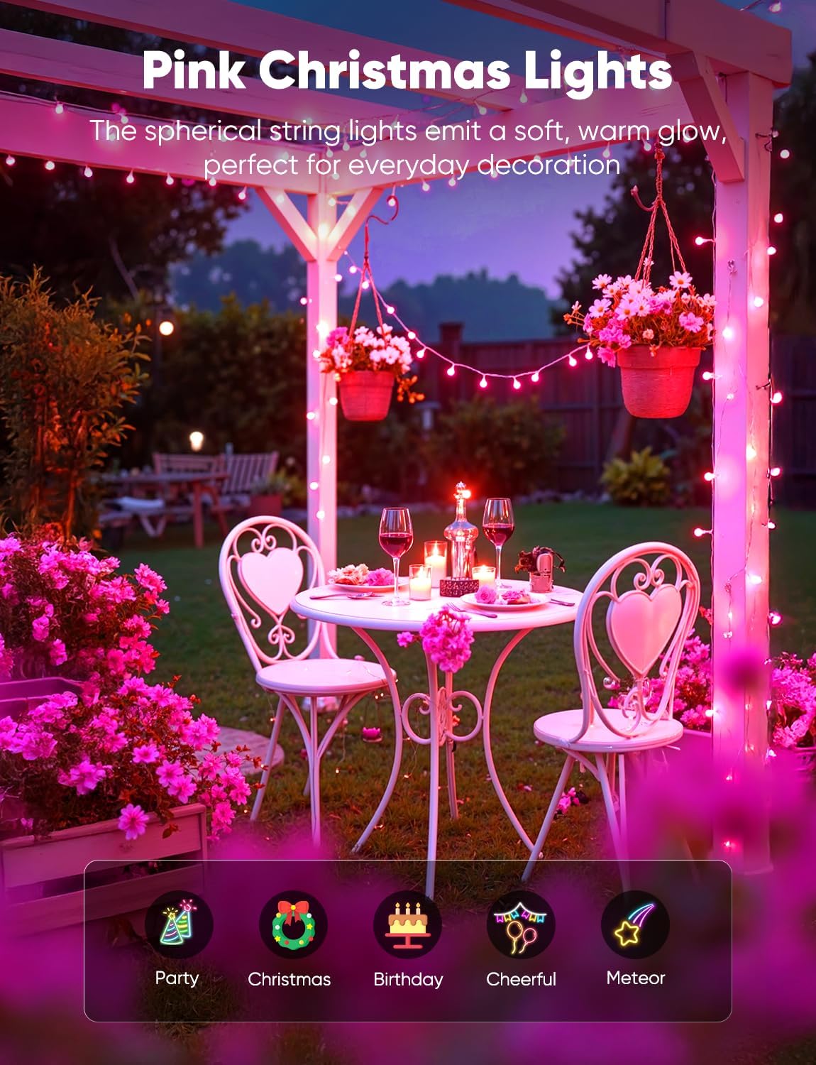 33ft 100 LED Plug In Mini Globe Fairy String Lights for Valentine Decor, 8 Modes, Pink
