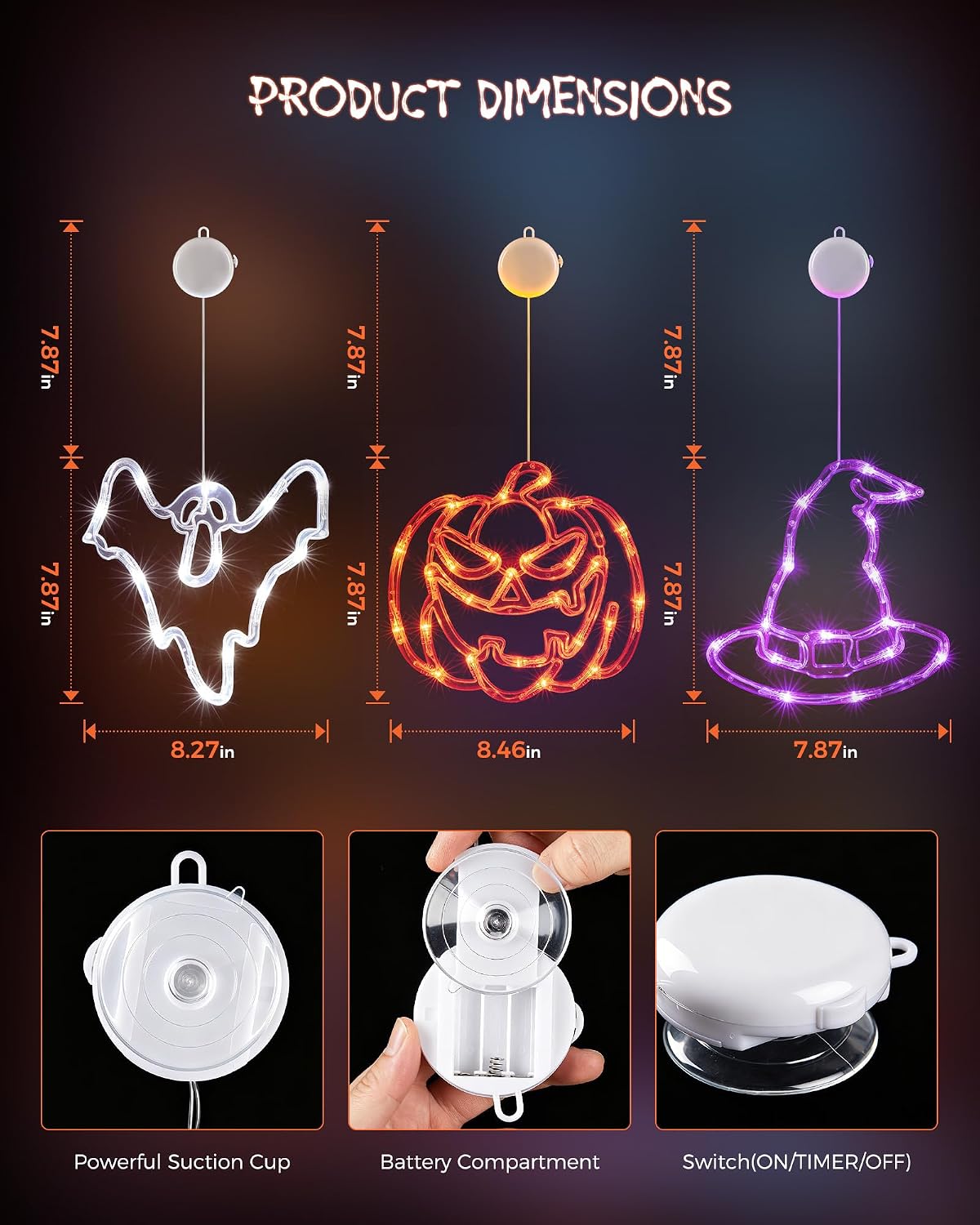 3 Pack Battery Operated Halloween Windows Lights with Timer, Pumpkin, Ghost, Hat