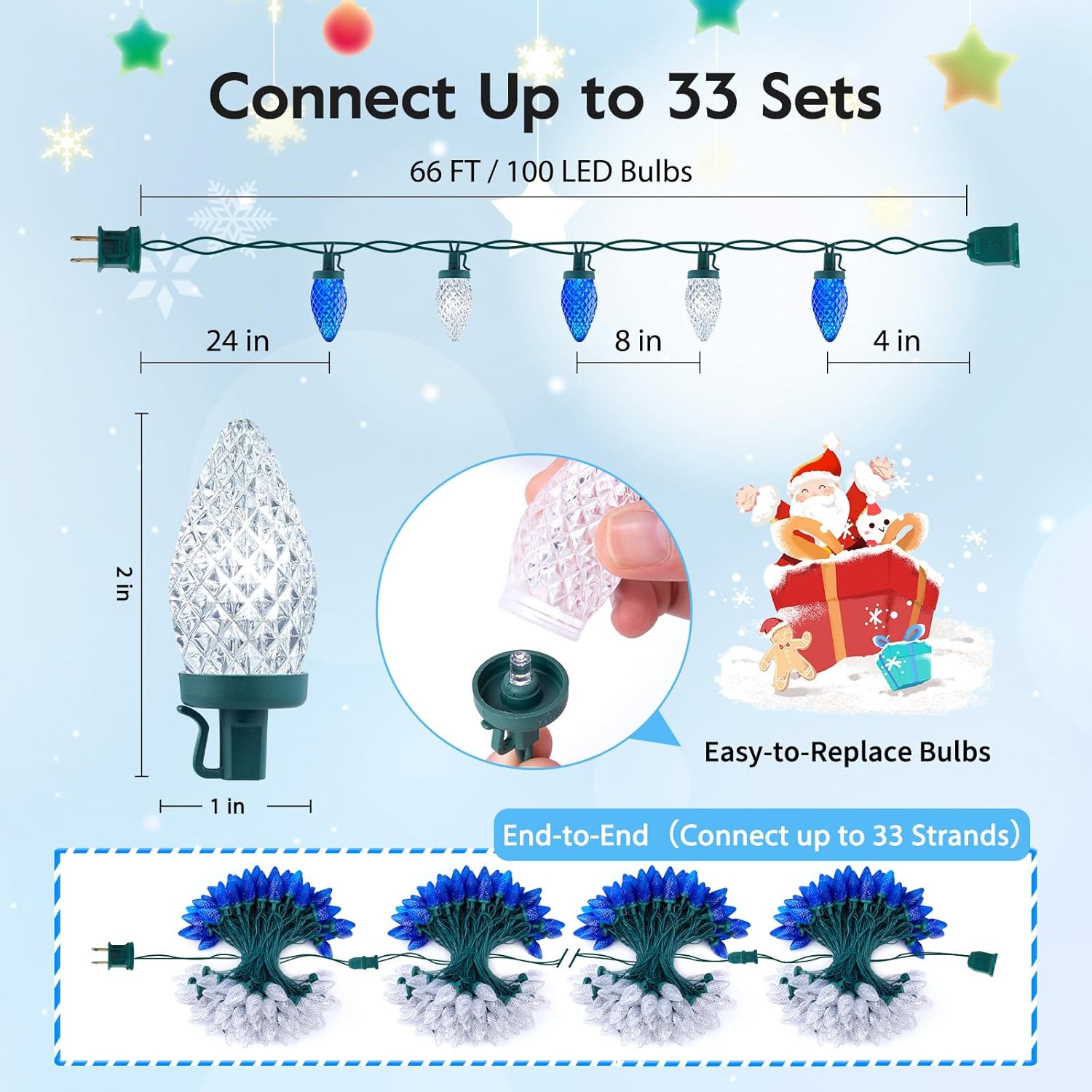 C9 LED Christmas String Lights, 66ft 100 LED Waterproof Strawberry String Lights, Plug-in Extendable Green Wire Lights, Blue and White