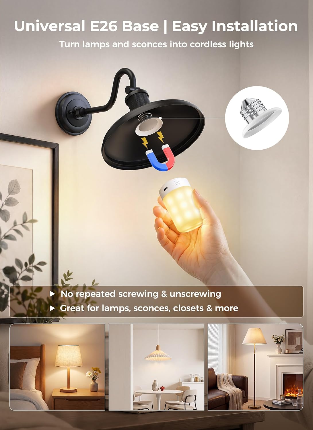 4 Pack E26 Rechargeable 5200mAh Light Bulbs with Remote for Lamps, Timer & 9 RGB Colors