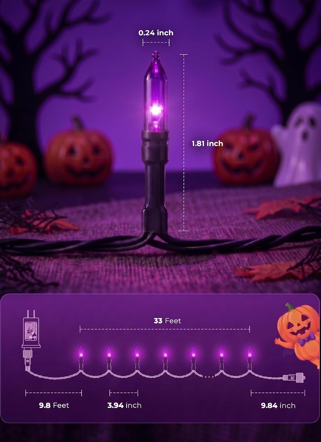 39Ft 100 LED Plug in Mini Bulbs String Light for Halloween Haunted House Party, Purple