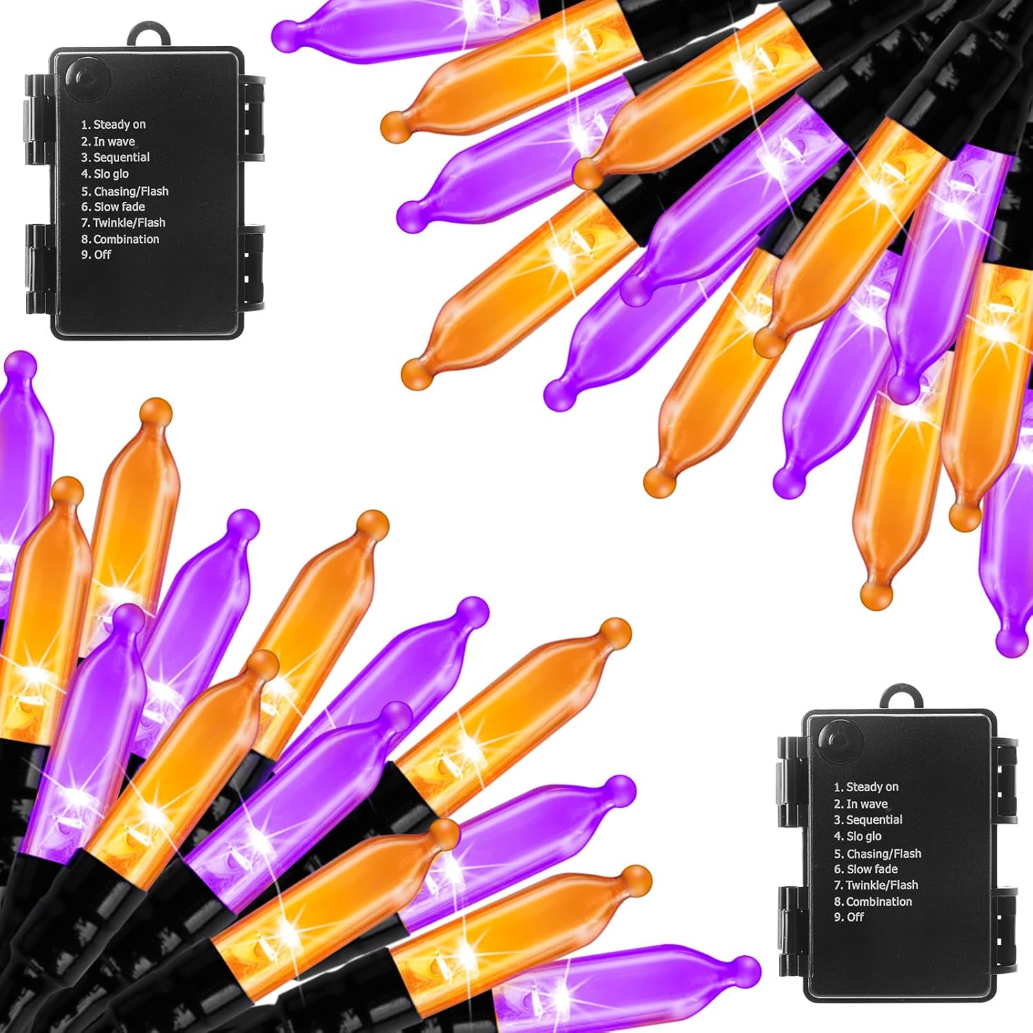 2Pack 17.8Ft 50 LED Battery Operated Clear Mini Incandescent Bulbs String Light for Halloween, Orange and Purple